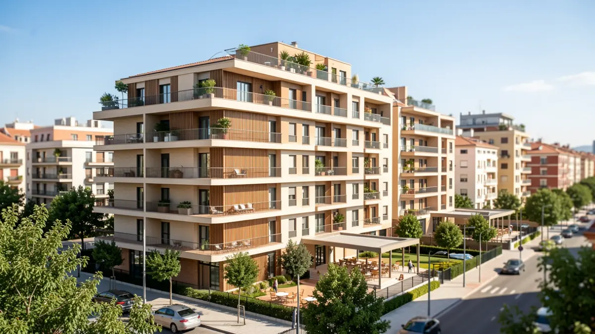 Generic image of modern residential buildings with balconies and communal areas.