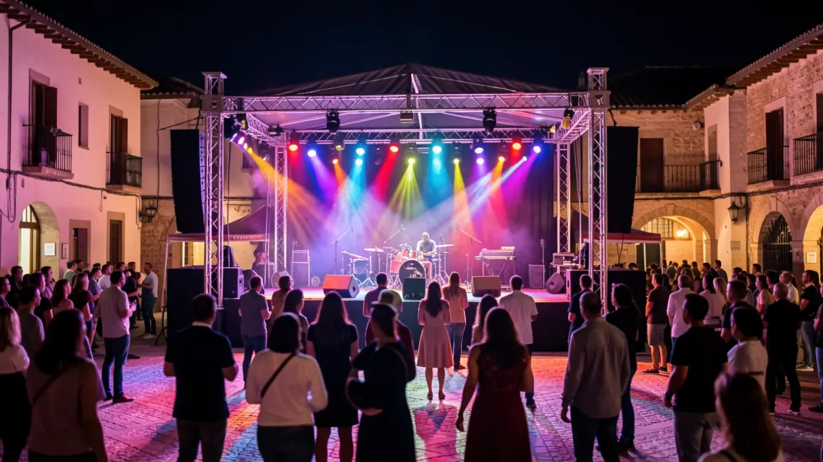 Escenario de concierto al aire libre por la noche en una plaza española, con luces de colores y público difuminado.