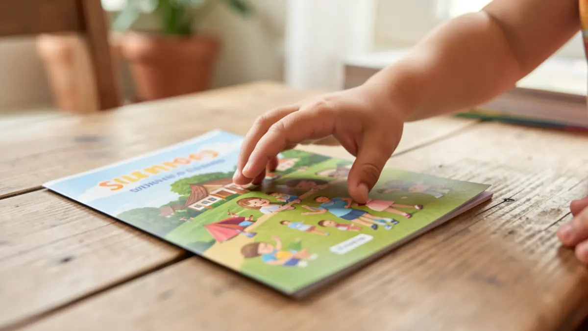 Imagen genérica de una mano infantil alcanzando un folleto de campamento de verano.