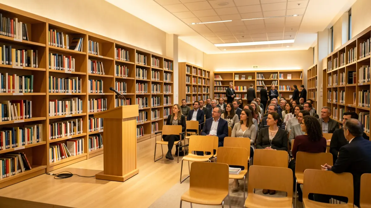 Imagen genérica de una biblioteca municipal con libros y un atril.