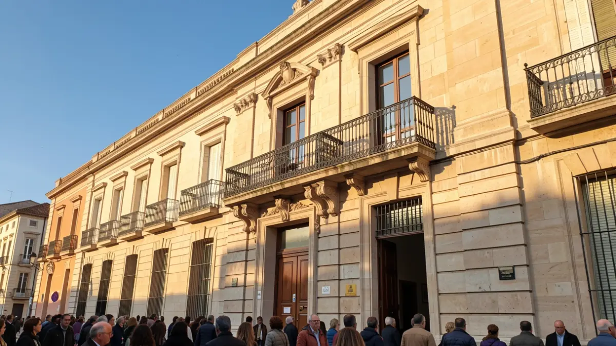 Stone facade of a la Comunidad de Madrid town hall with ornate balcony and iron railings, warm afternoon sunlight casting shadows on the sandstone walls, blue sky.
