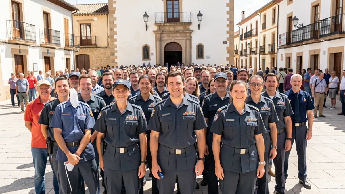 Imagen genérica de voluntarios de Protección Civil en formación frente a un ayuntamiento.