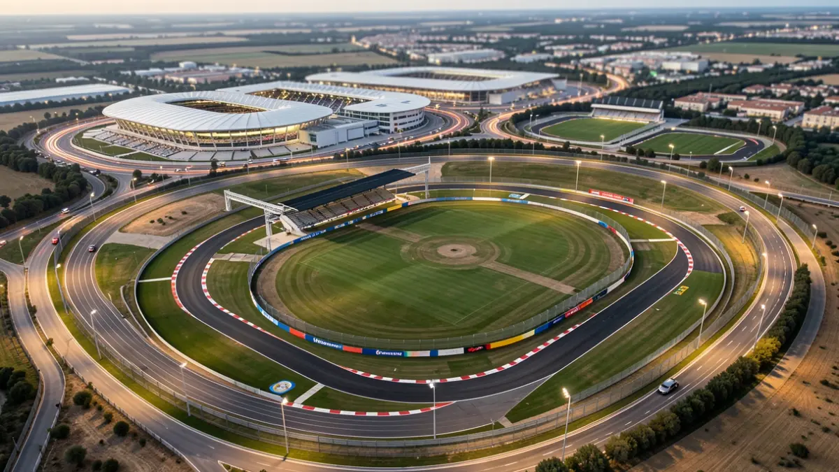 Vista aérea del circuito de Fórmula 1 en Valdebebas, Madrid, con las instalaciones del Real Madrid al fondo.