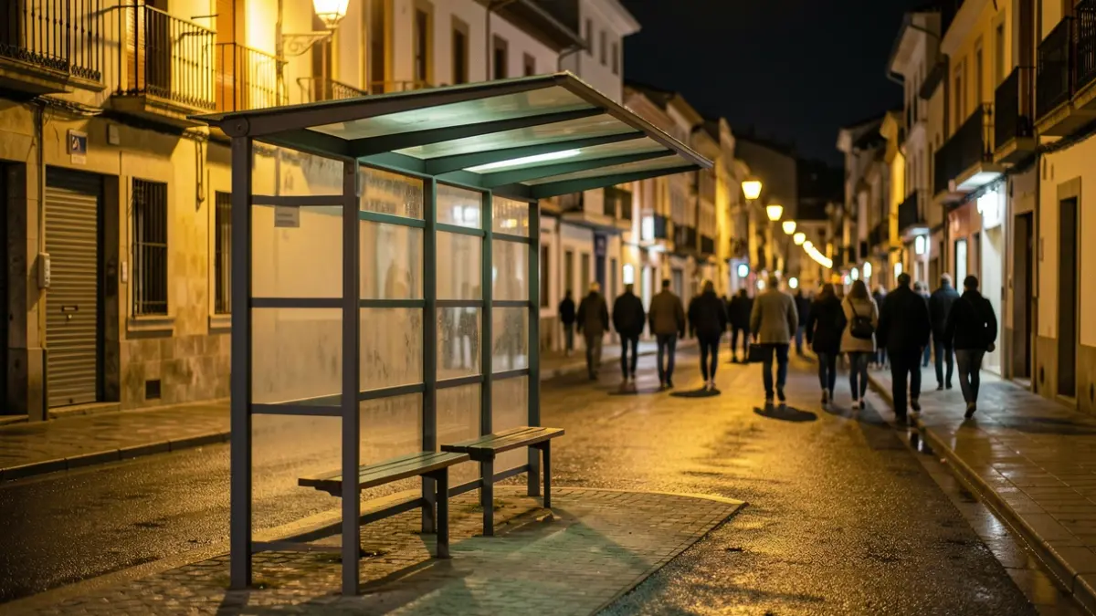 Imagen genérica de una parada de autobús vacía por la noche.
