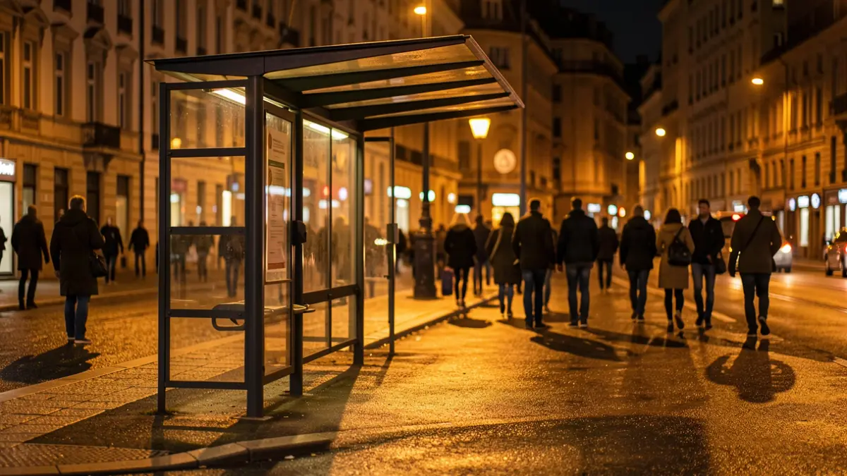 Imagen genérica de una parada de autobús nocturna con luces cálidas y pavimento mojado.