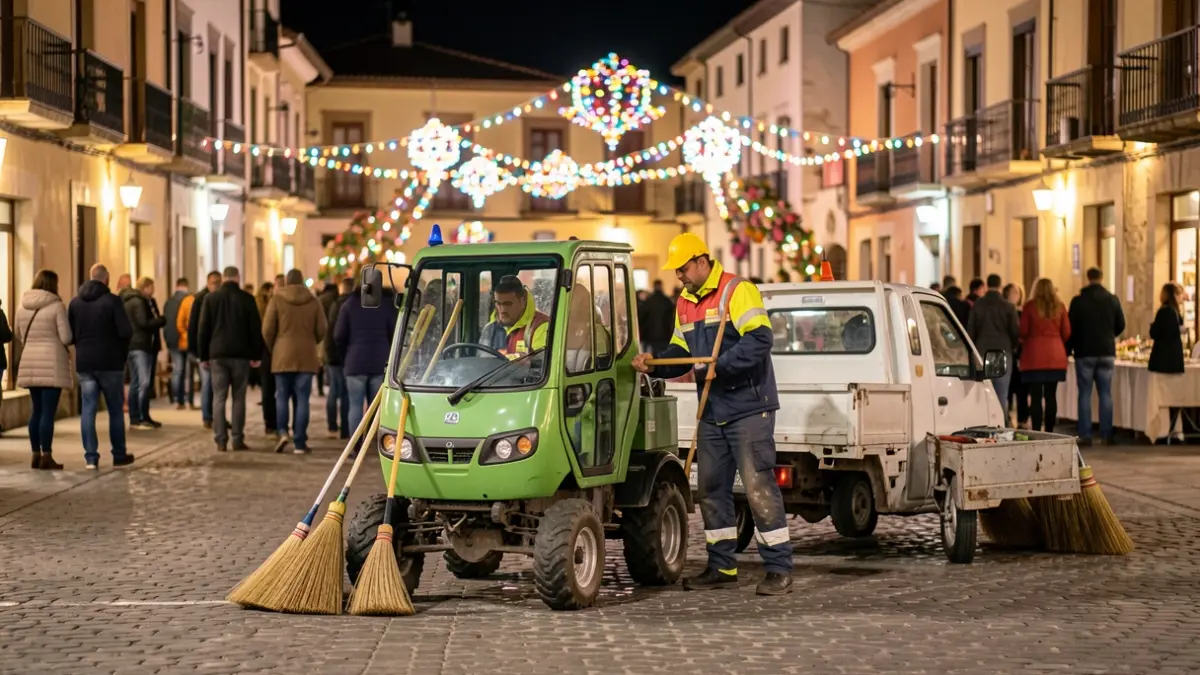 Personal de limpieza trabajando de noche durante unas fiestas en una plaza de San Sebastián de los Reyes, con luces festivas de fondo.