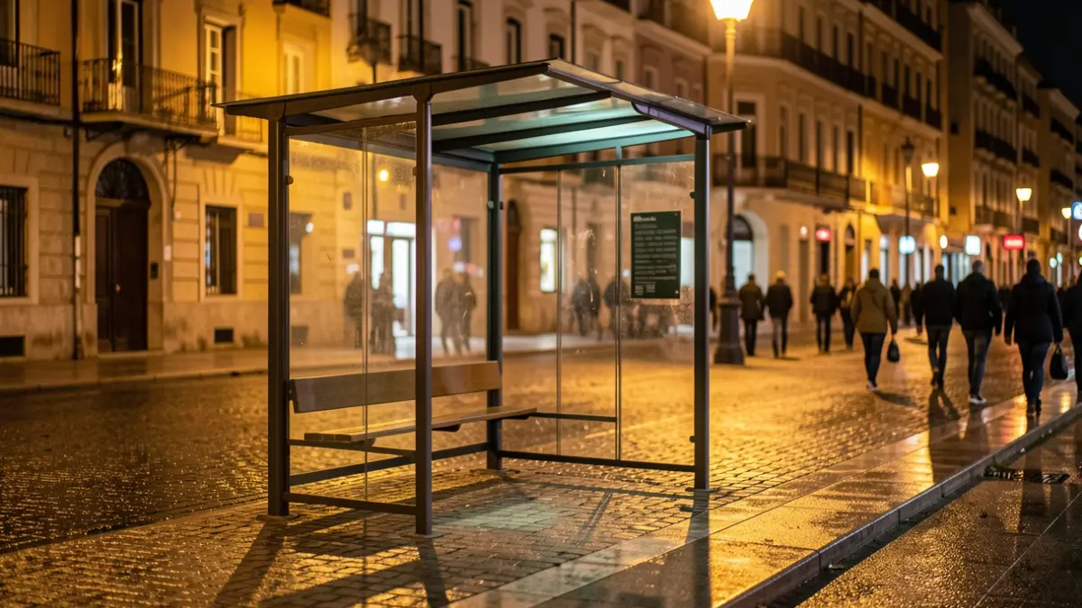 Parada de autobús vacía por la noche en Alcalá de Henares.