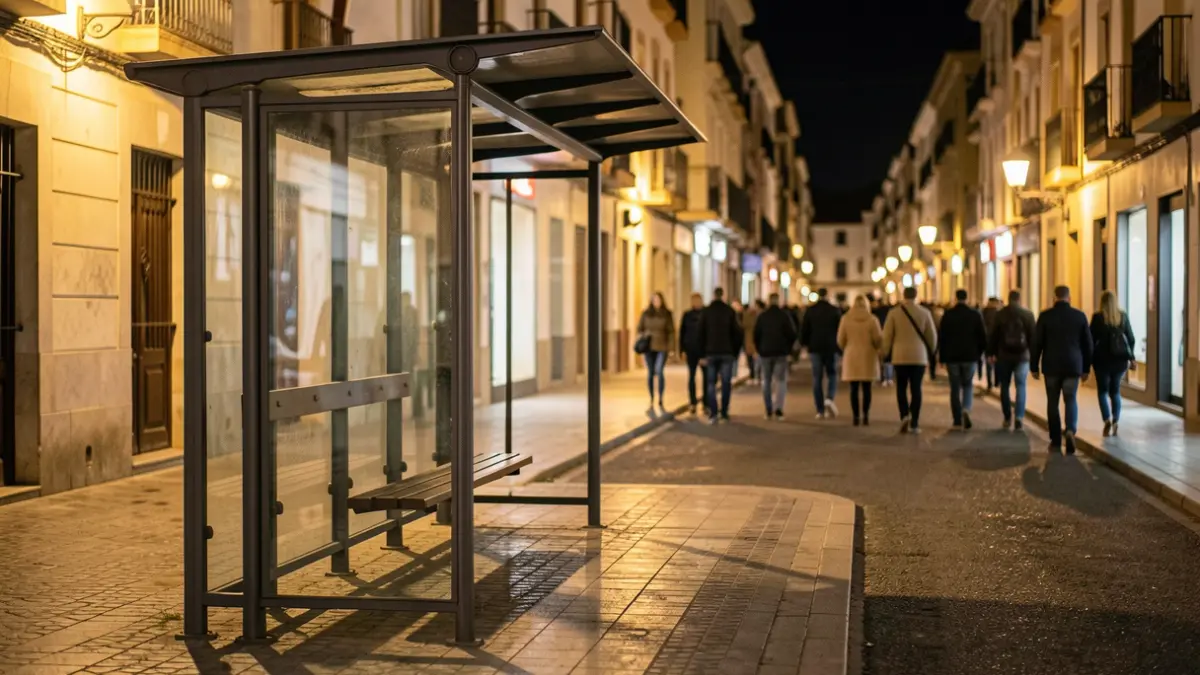 Generic image of an empty bus stop at night.