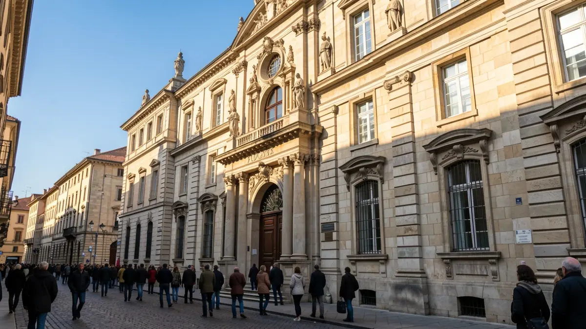 Facade of a town hall with detailed architecture and afternoon light.