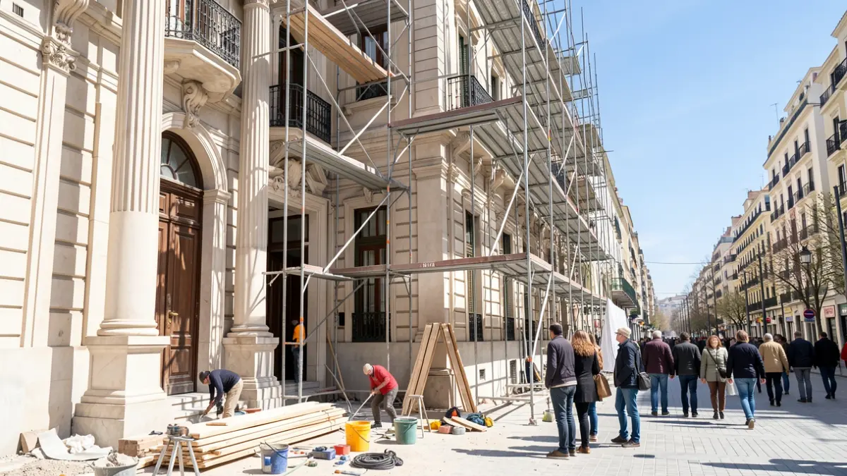 Fachada de un edificio madrileño en proceso de rehabilitación con andamios y herramientas.