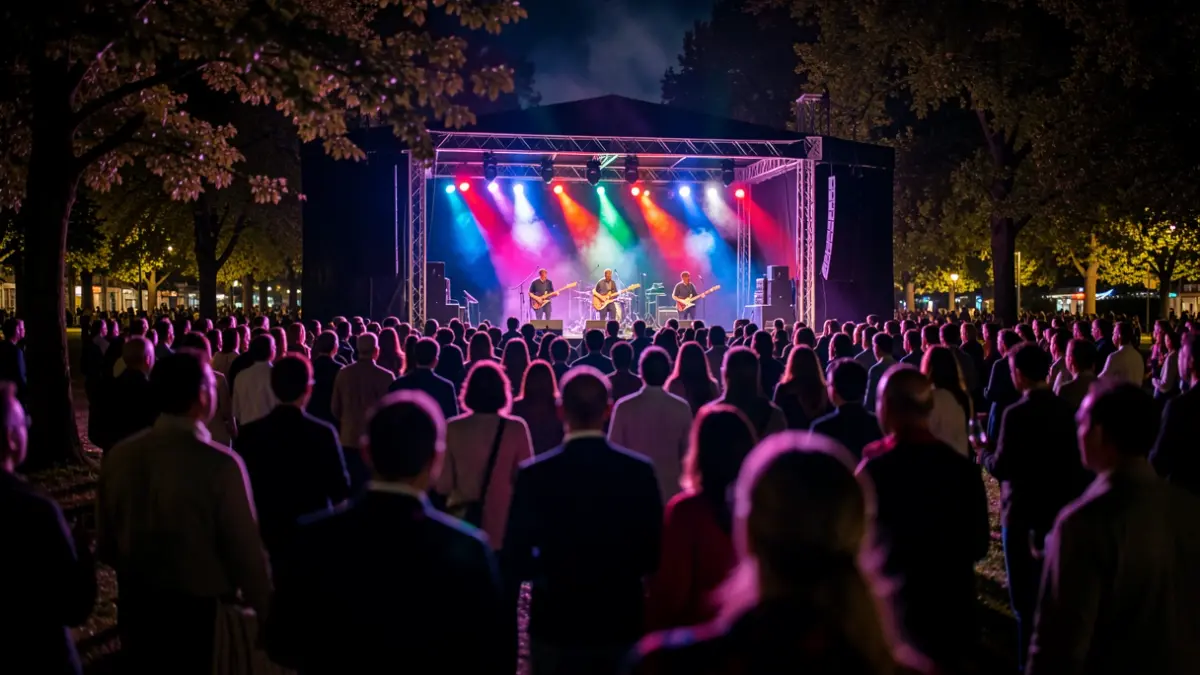 Generic image of an outdoor concert at night with lights and audience.