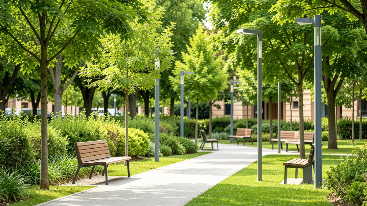 Imagen genérica de un parque urbano renovado con zonas verdes, árboles y mobiliario moderno.