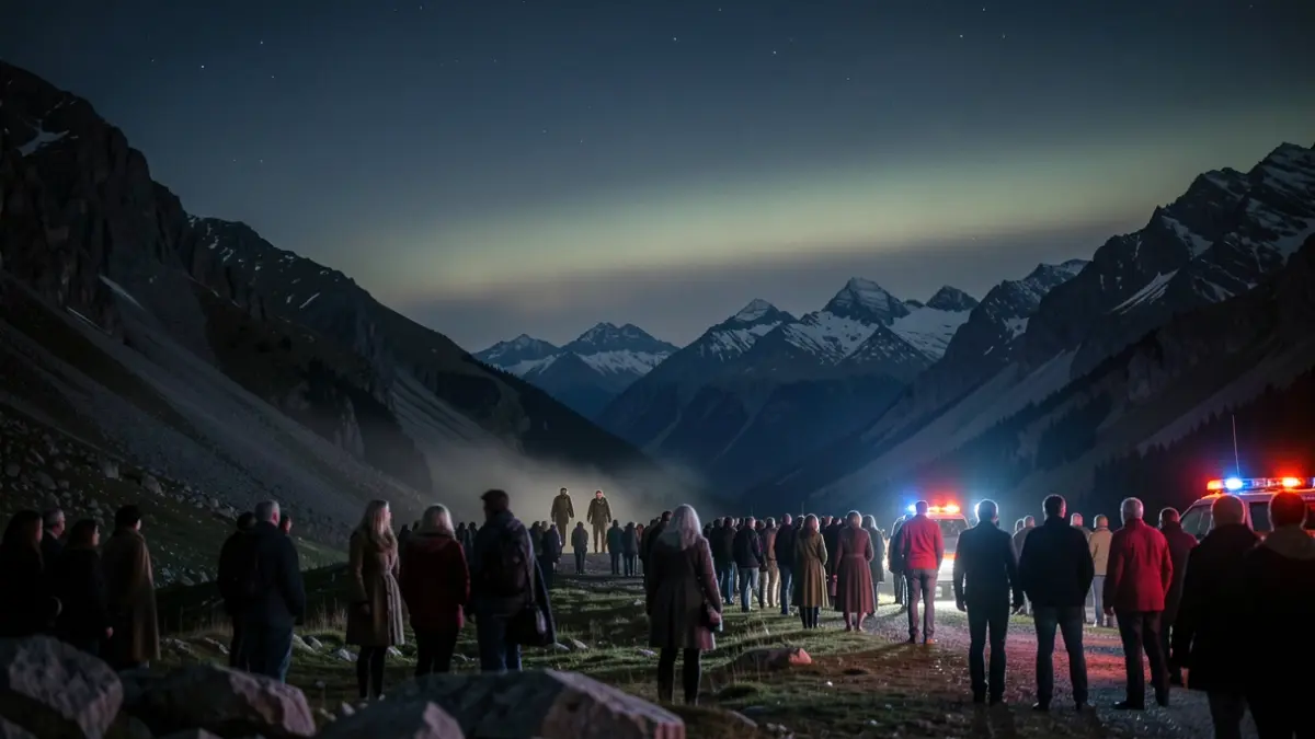 Imagen genérica de montaña de noche con luces de emergencia y figuras perdidas.