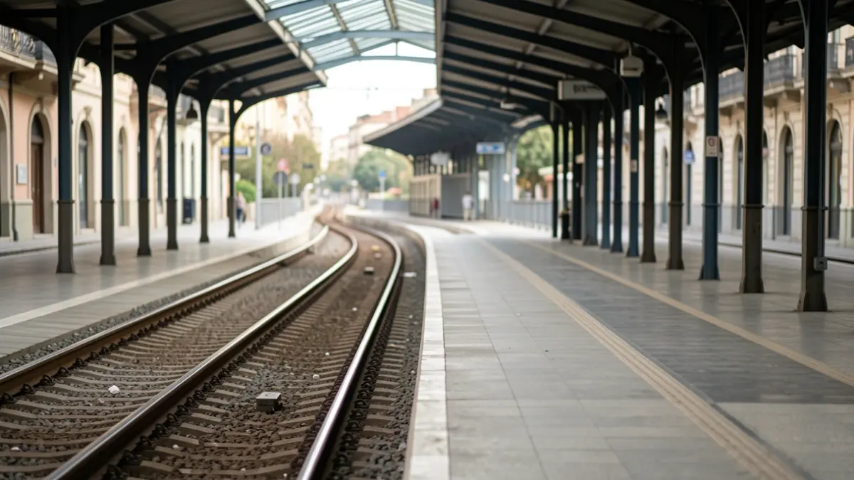 Empty railway platform with tracks curving into the distance under a station canopy, soft daylight.