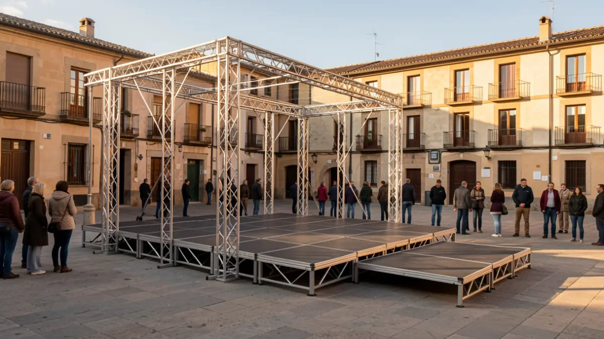 Escenario modular profesional de acero zincado instalado en una plaza de Robledo de Chavela.