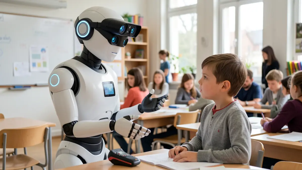 A humanoid robot interacts with a child in a classroom as part of a social assistive robotics educational program.