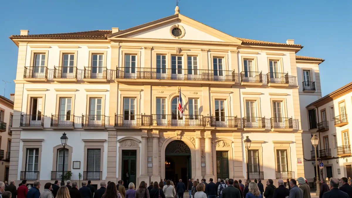 Facade of the San Fernando de Henares City Hall with classic architecture and a balcony, under the afternoon sunlight.