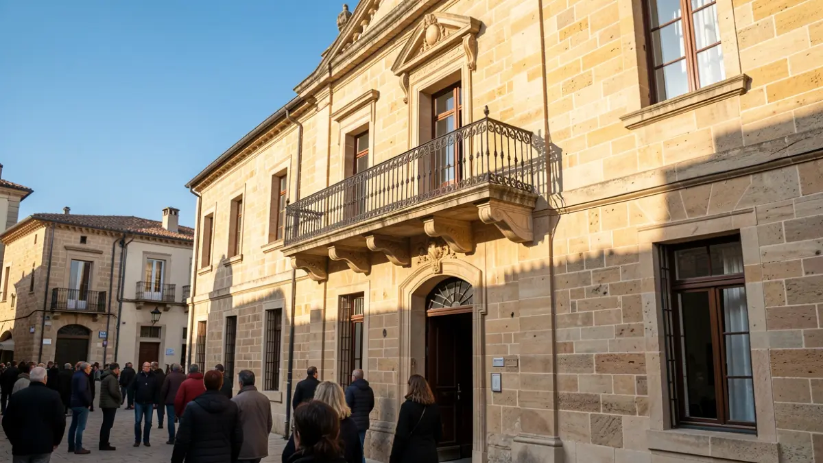 Fachada del Ayuntamiento de San Lorenzo de El Escorial con balcón y barandillas de hierro, luz cálida de la tarde.