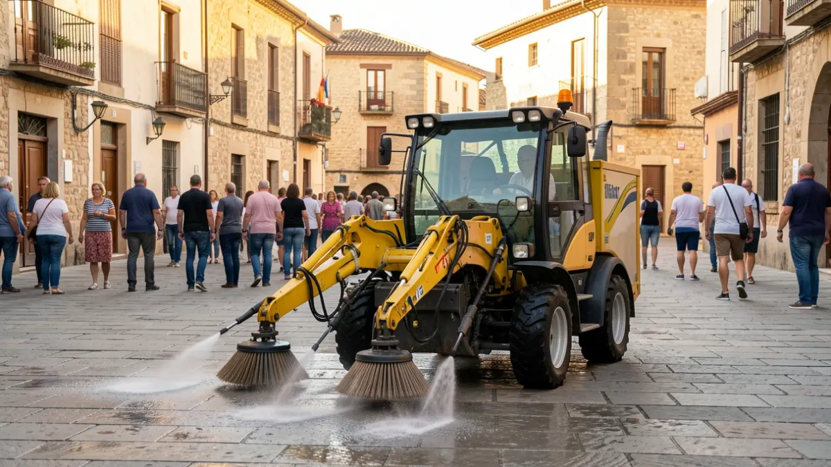 Street cleaning machine working in a square of San Lorenzo de El Escorial with traditional architecture.