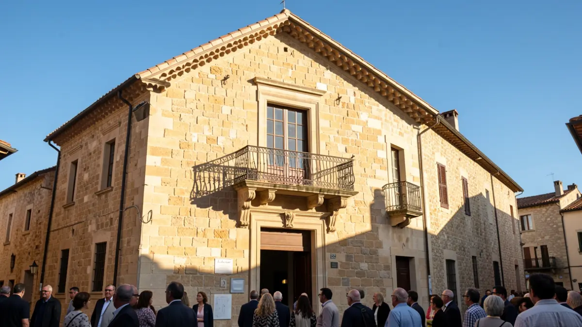 Facade of a stone town hall with balcony and iron railings, afternoon sunlight.