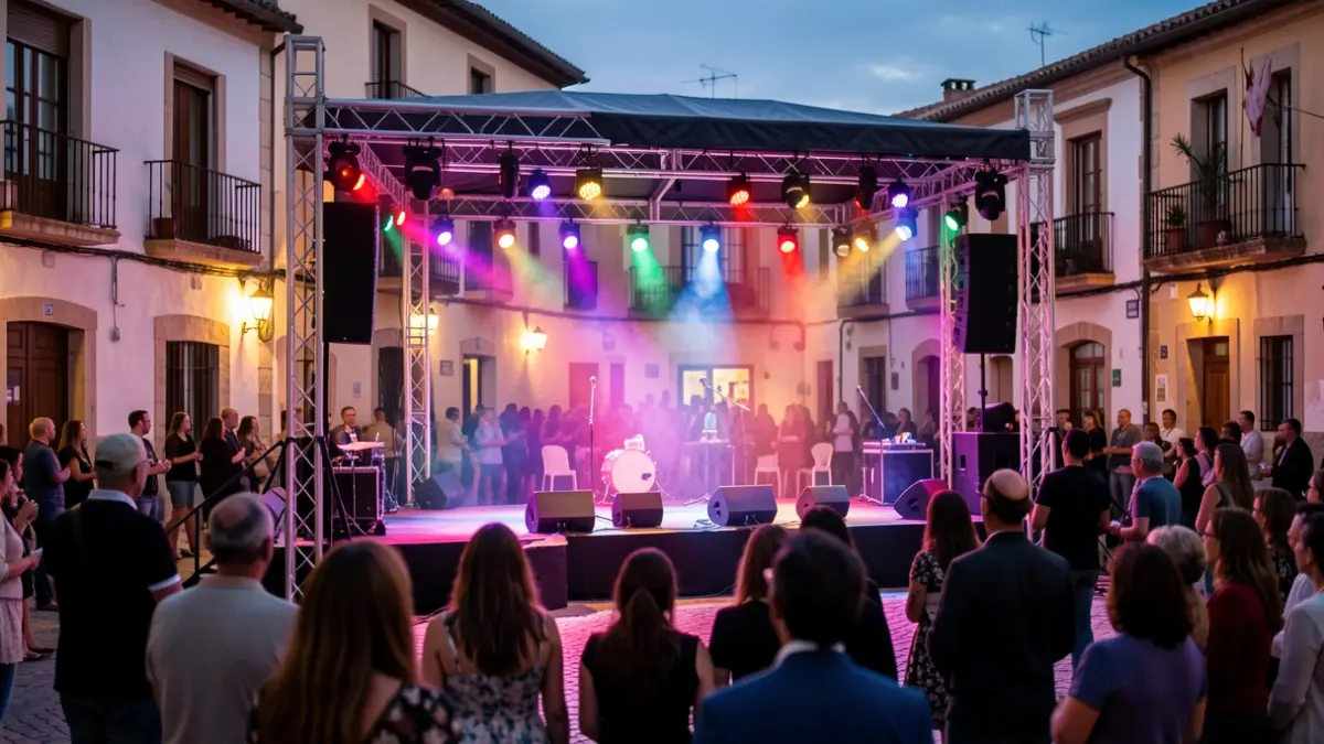 Scene of an outdoor music festival in a town square at dusk, with an illuminated stage and blurred audience.