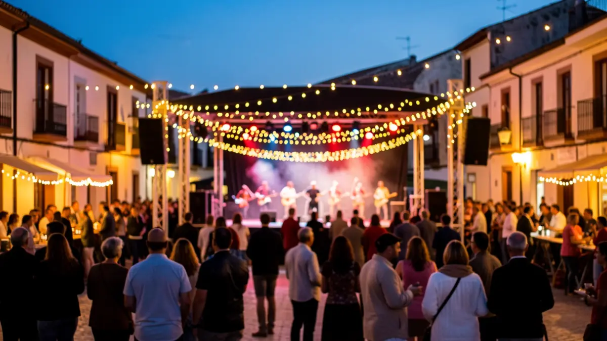 Generic scene of a festive outdoor stage in a square at dusk, with lights and blurred audience.