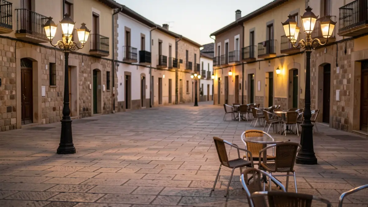 Plaza de pueblo español al atardecer con farolas y sillas de café.