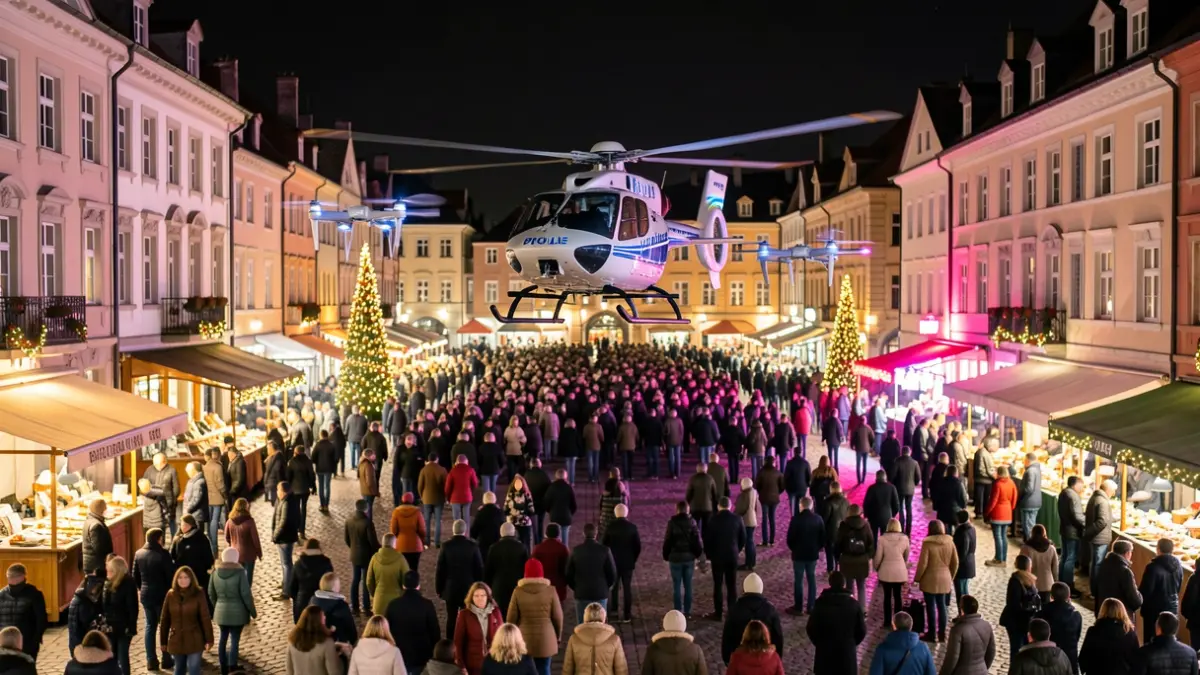 Generic image of a helicopter and drones monitoring a festive town square at night.