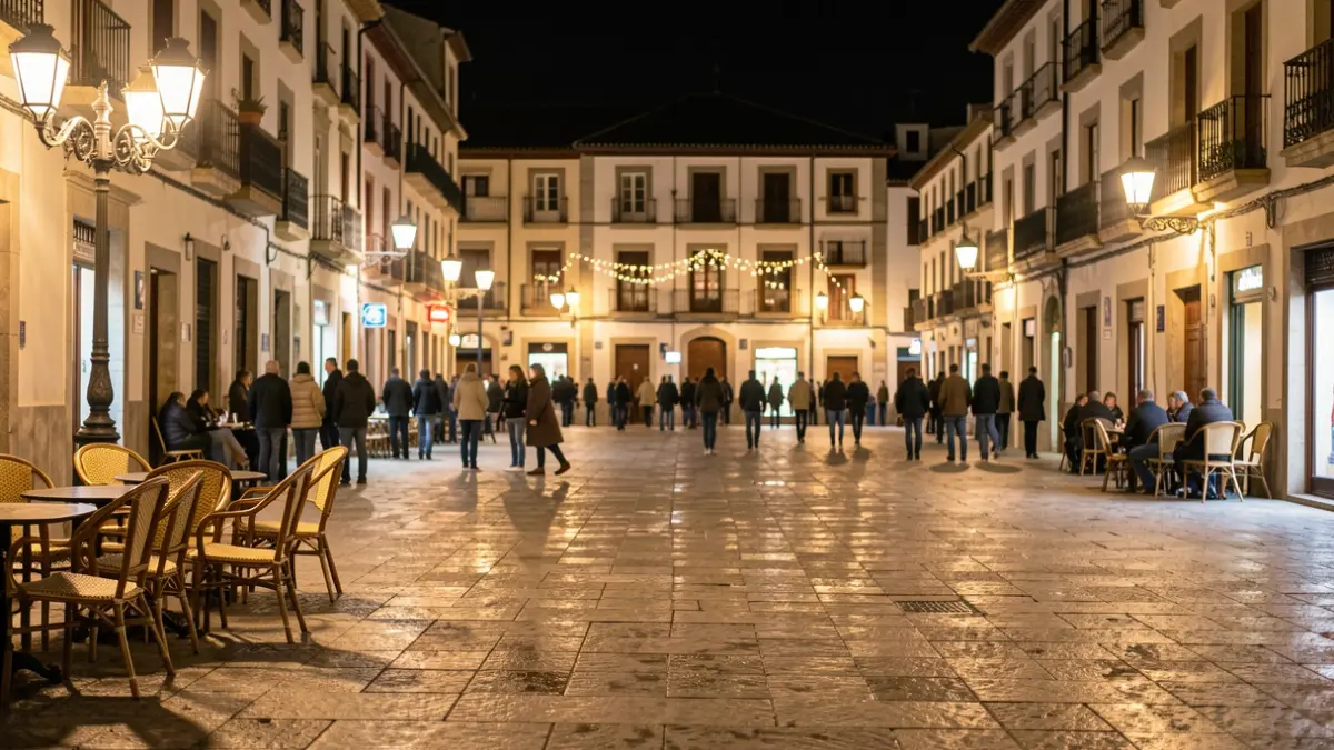Imagen genérica de una plaza de pueblo español por la noche, iluminada por farolas.