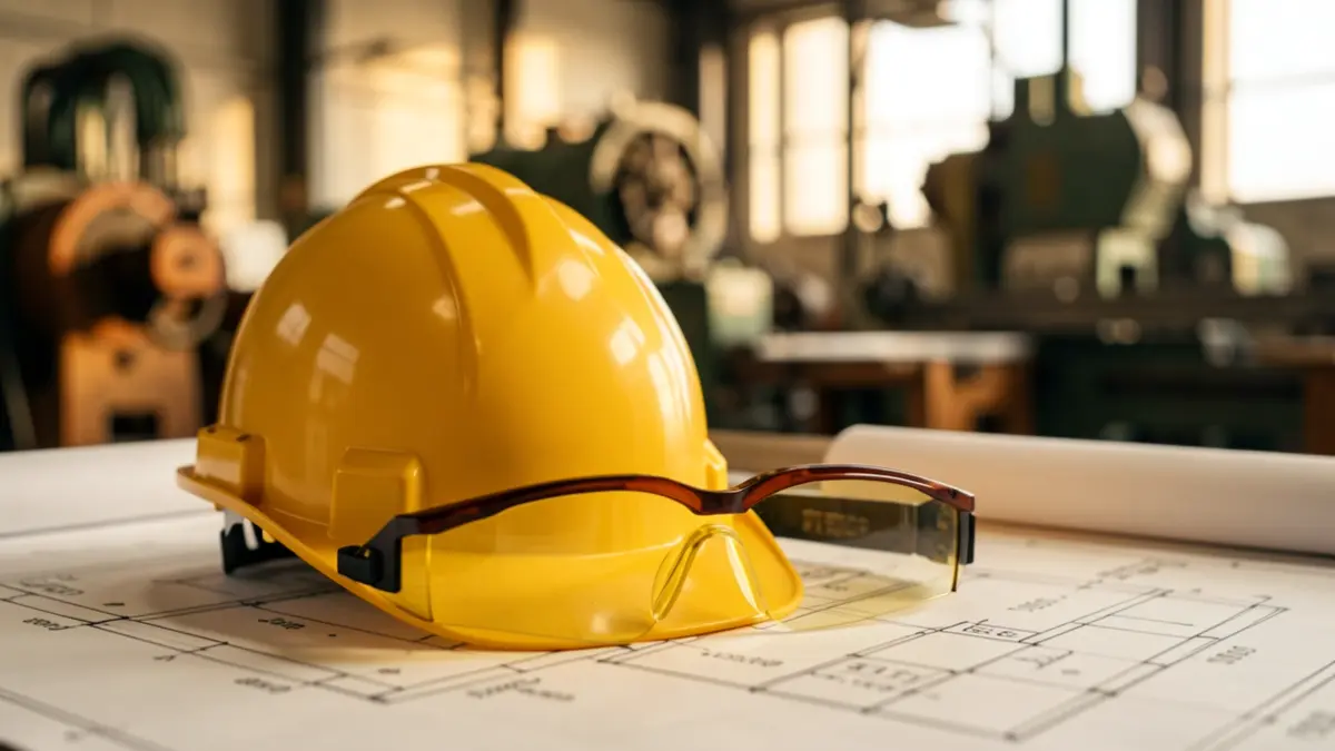 Construction helmet and safety glasses on blueprints, with blurred industrial machinery in the background.