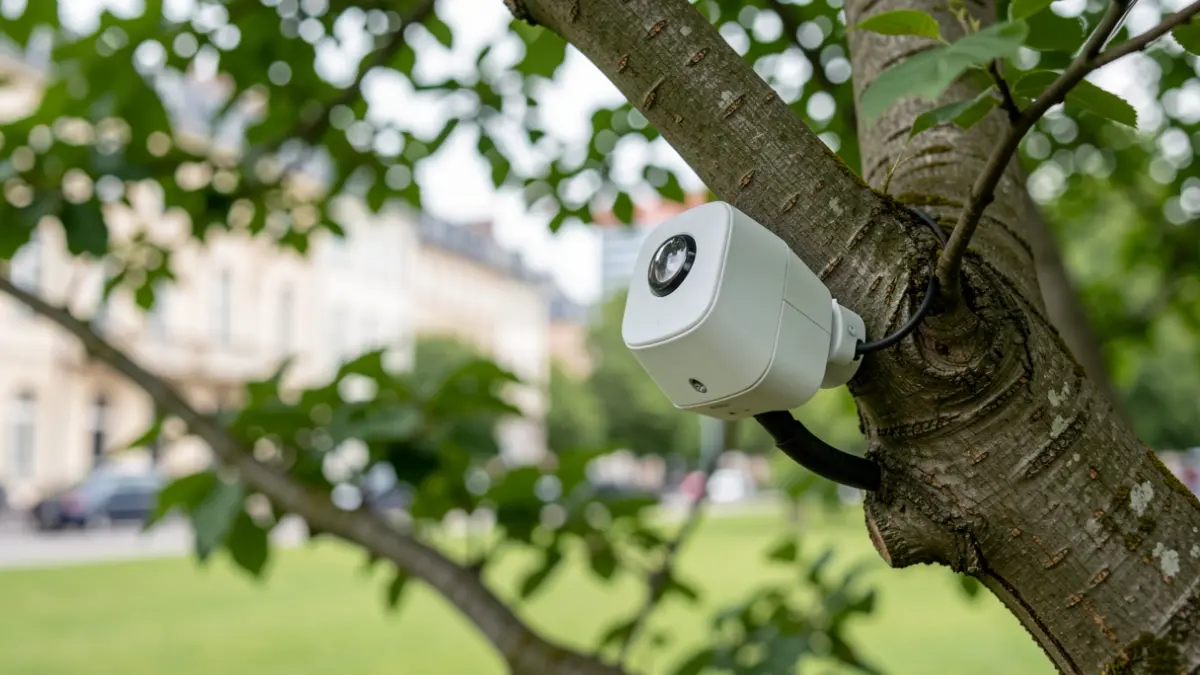 Biodiversity monitoring sensor installed on a tree in an urban park in Madrid.