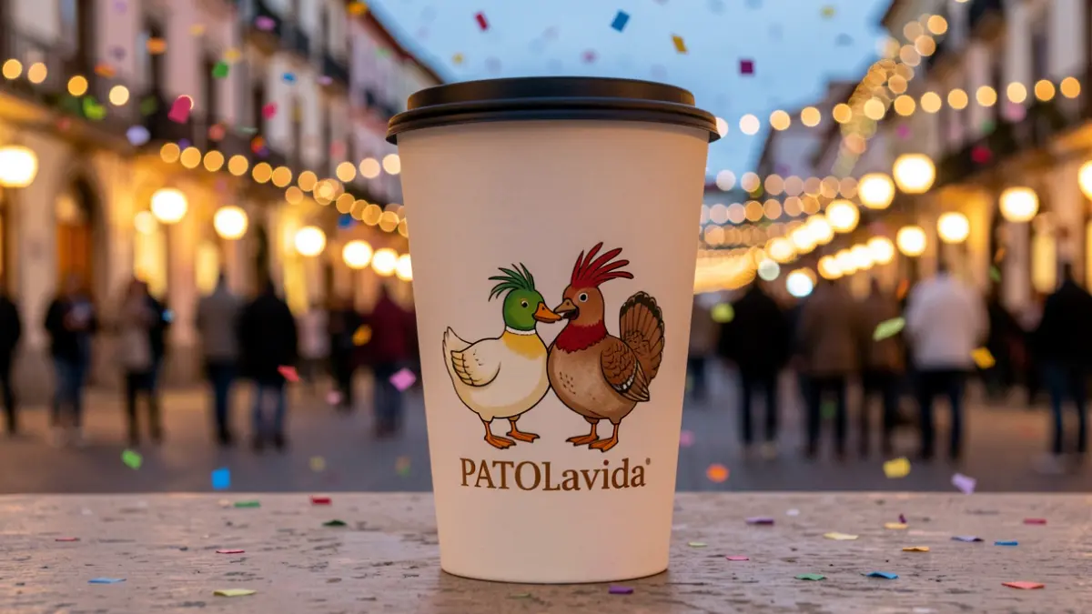 Imagen genérica de un vaso reutilizable con un pato y una perdiz brindando, en un ambiente festivo de Sevilla la Nueva.
