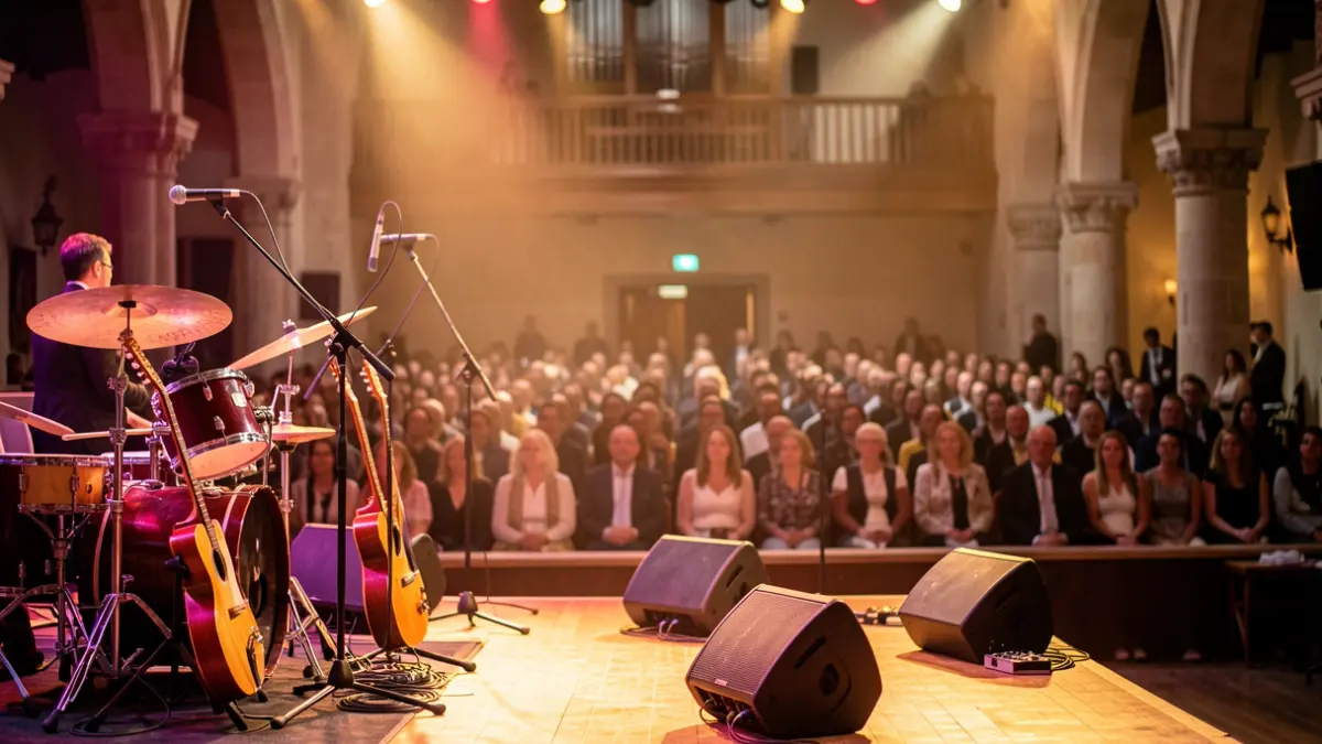 Concert stage with instruments and lights, blurred audience in the background.