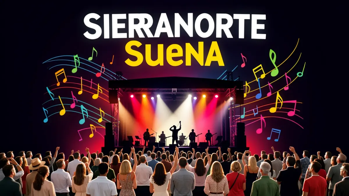 Generic poster for a music event with musical notes and stage silhouettes.