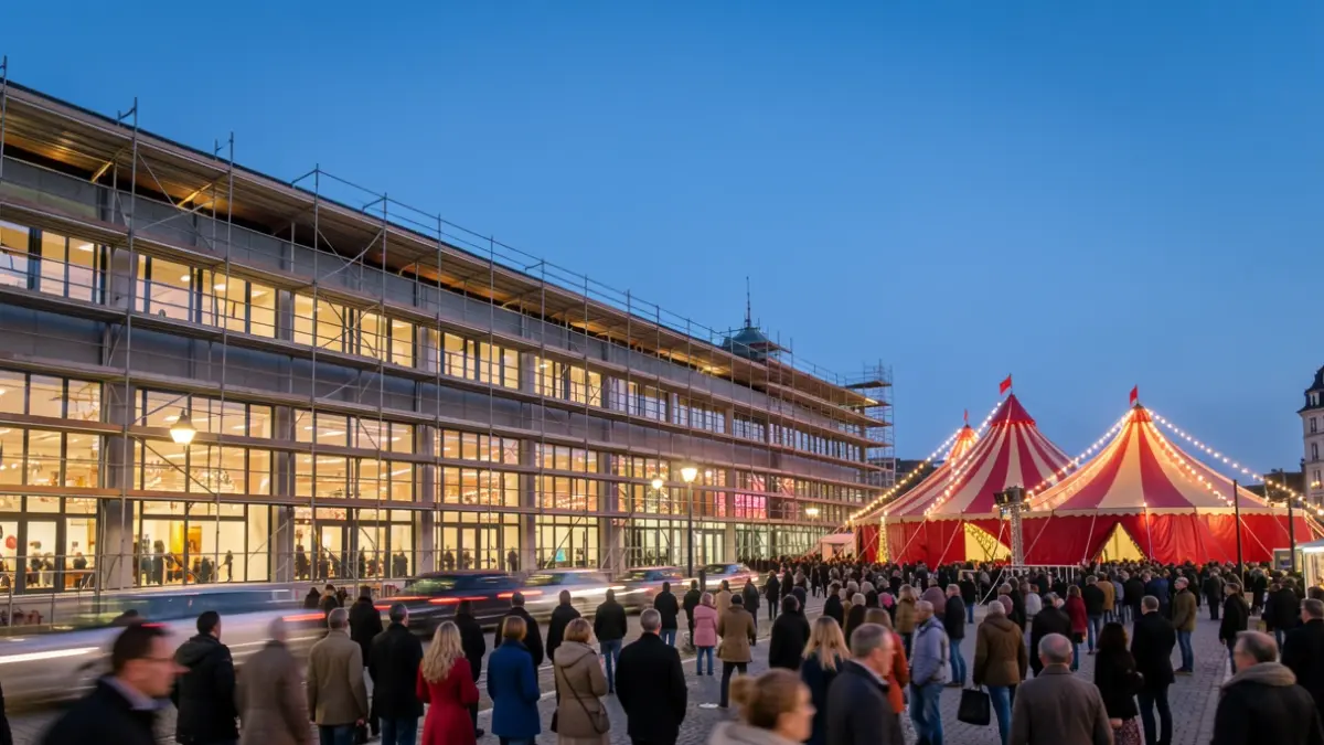 Imagen genérica del exterior de un complejo cultural en construcción con elementos de circo, durante una noche festiva.