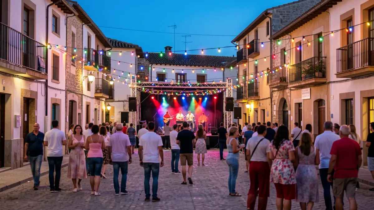 Town square in a Spanish village at dusk with festive lights and a stage set up for a concert.