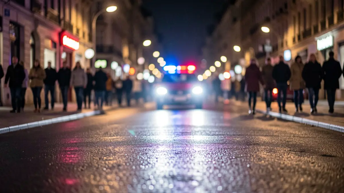 Luces de emergencia reflejándose en el asfalto mojado por la noche.