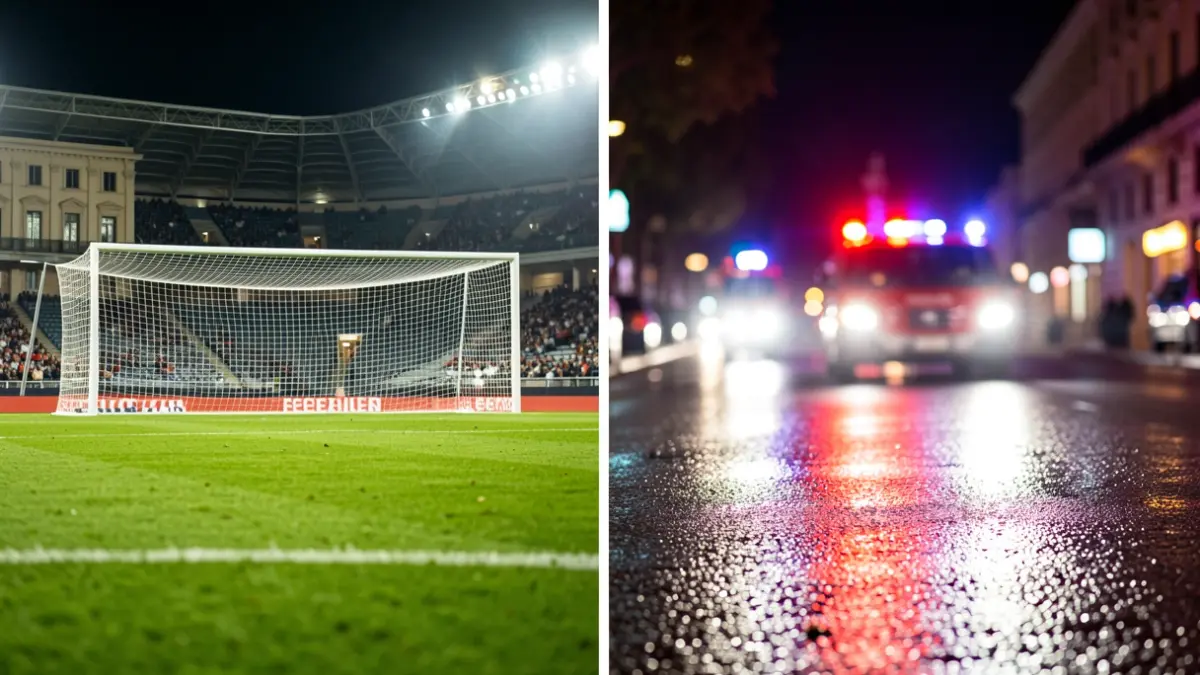 Imagen dividida que muestra un campo de fútbol y una escena nocturna con luces de emergencia.