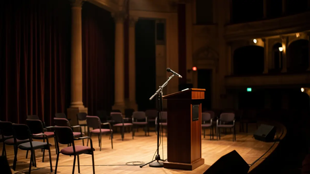 Escena genérica de un teatro alternativo en Madrid con un micrófono en un atril.