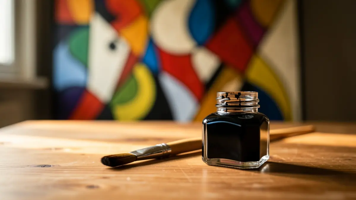 Paintbrush and ink bottle on a wooden table with abstract Picasso-inspired shapes in the background.