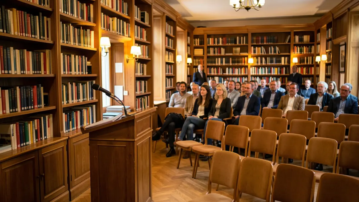Imagen genérica de una biblioteca con estanterías de libros y un atril.