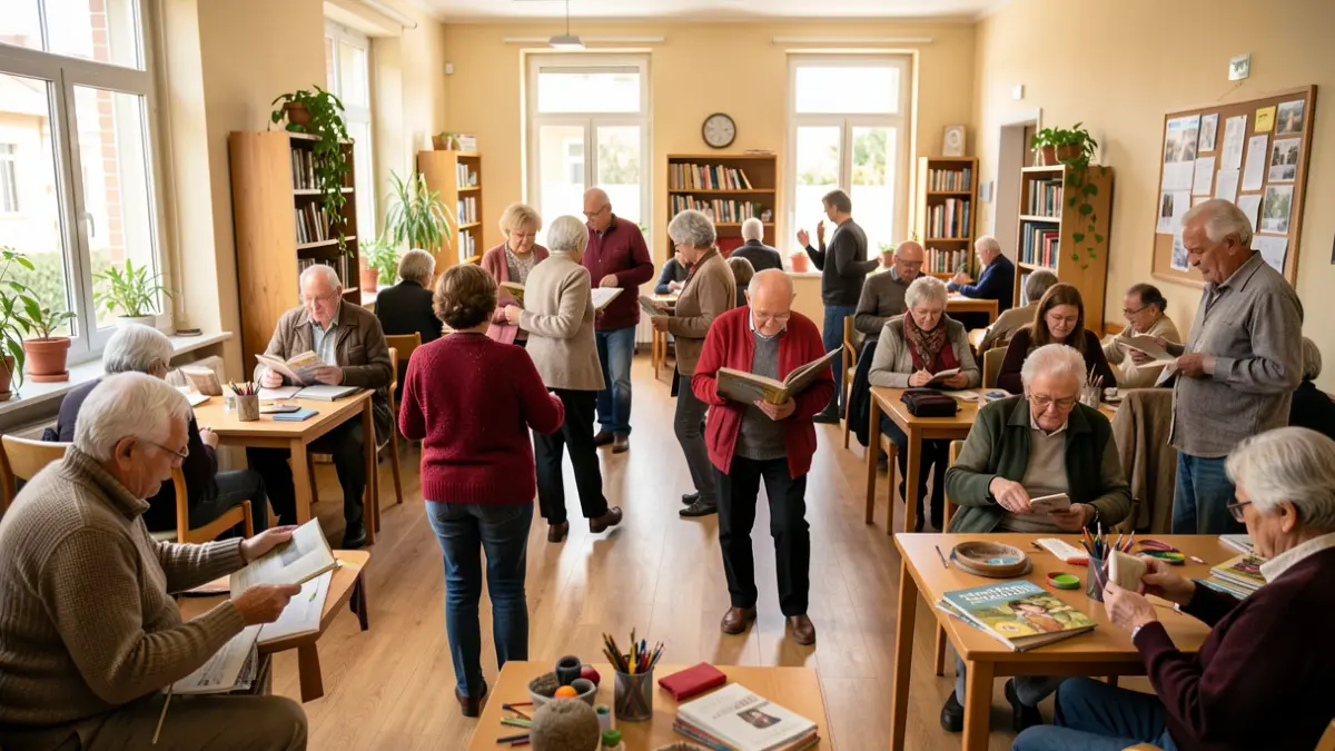 Elderly people participating in dance, reading, and craft workshops at a community center in the Comunidad de Madrid.