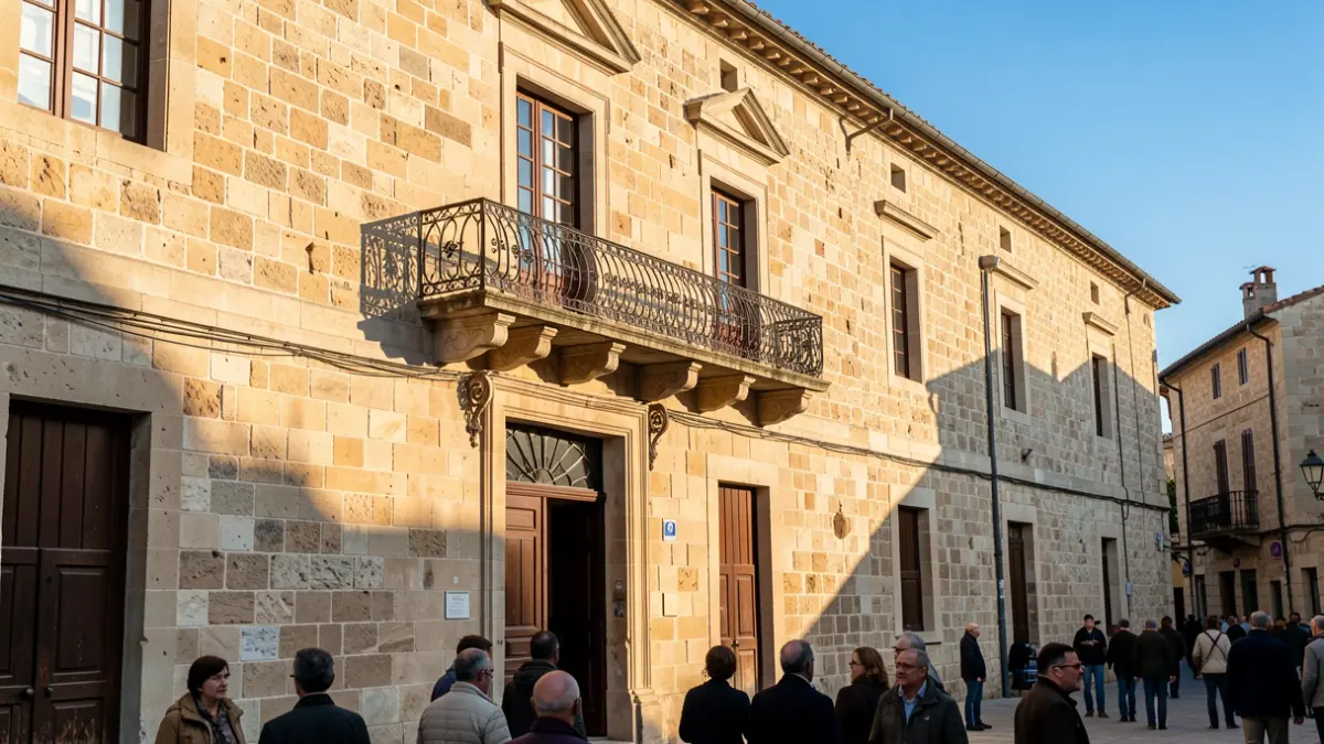 Stone town hall facade with iron balcony, afternoon light.