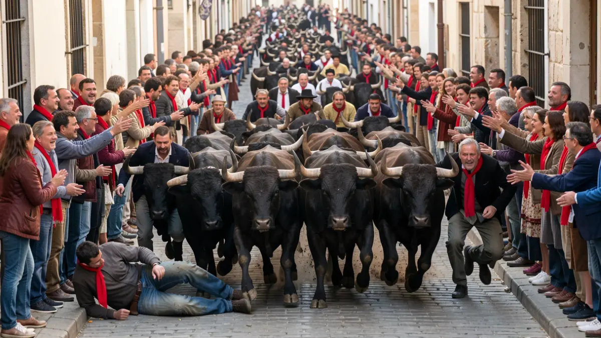Generic image of a bull run with bulls and runners.