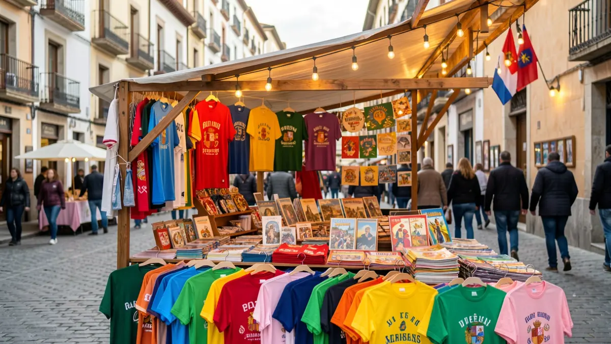 Puesto de merchandising oficial de las Fiestas de San Sebastián de los Reyes con camisetas y recuerdos.