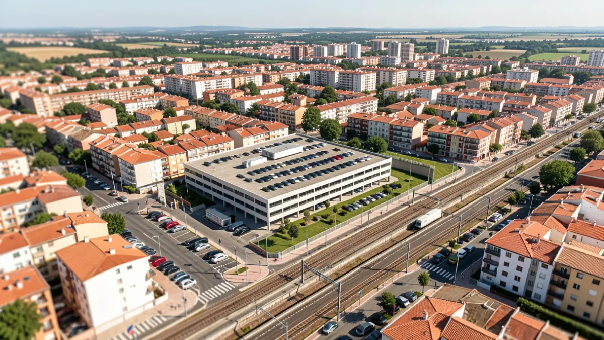 Aerial view of a multi-story car park next to a station in Torrejón de Ardoz.
