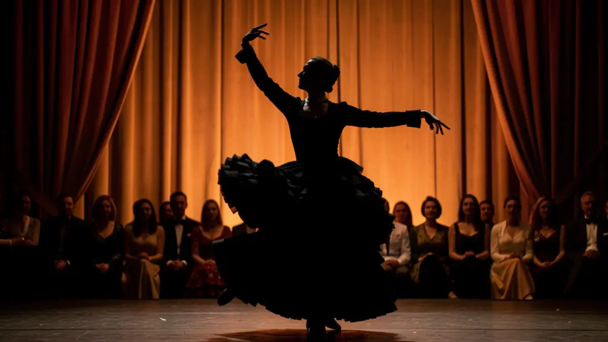 Imagen genérica de una bailaora de flamenco actuando en un escenario con iluminación dramática.