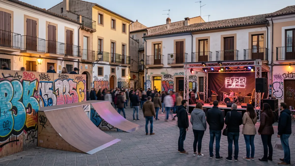 Urban culture scene with street art, skate ramp, and stage in an Alcorcón square at dusk.