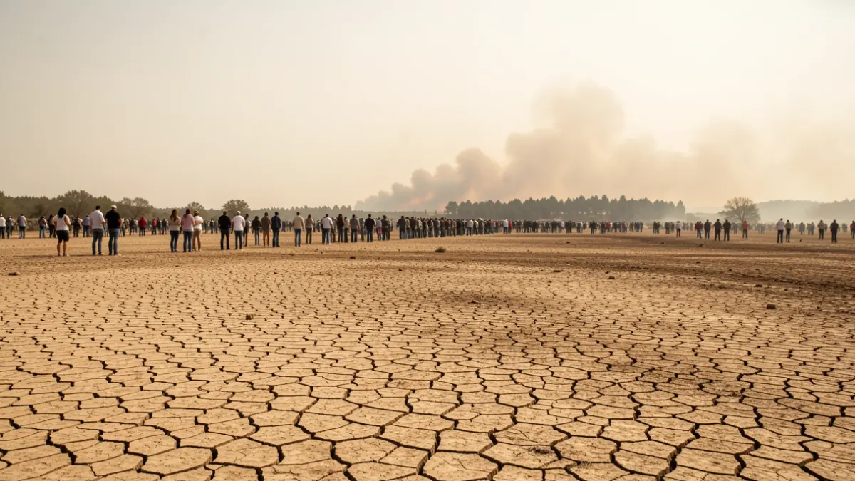 Dry, cracked earth landscape in the Comunidad de Madrid with a forest fire silhouette in the background.