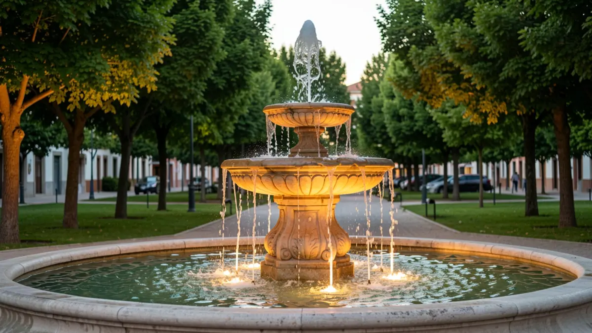 Renovated fountain in Tres Cantos' Central Park with LED lighting.